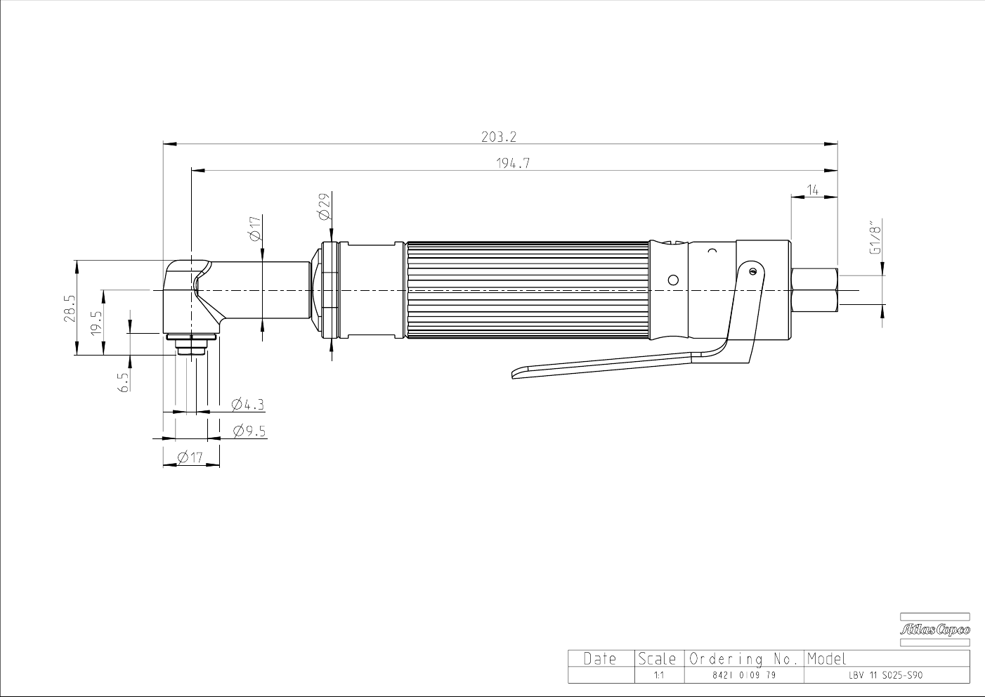 Atlas Copco LBV 90° Pneumatic Angle Drill – product detail view