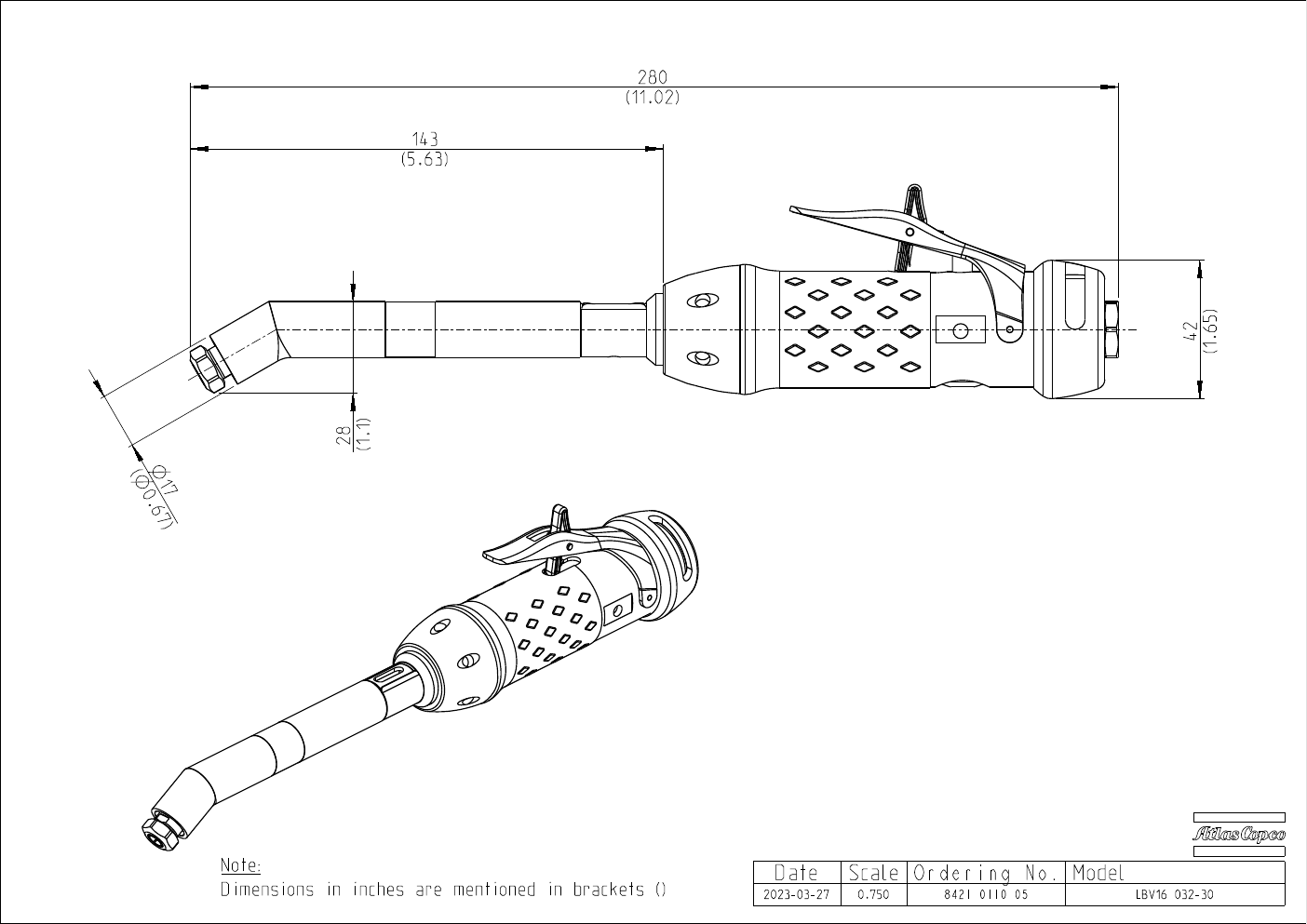 Atlas Copco LBV 30° Pneumatic Angle Drill – product detail view