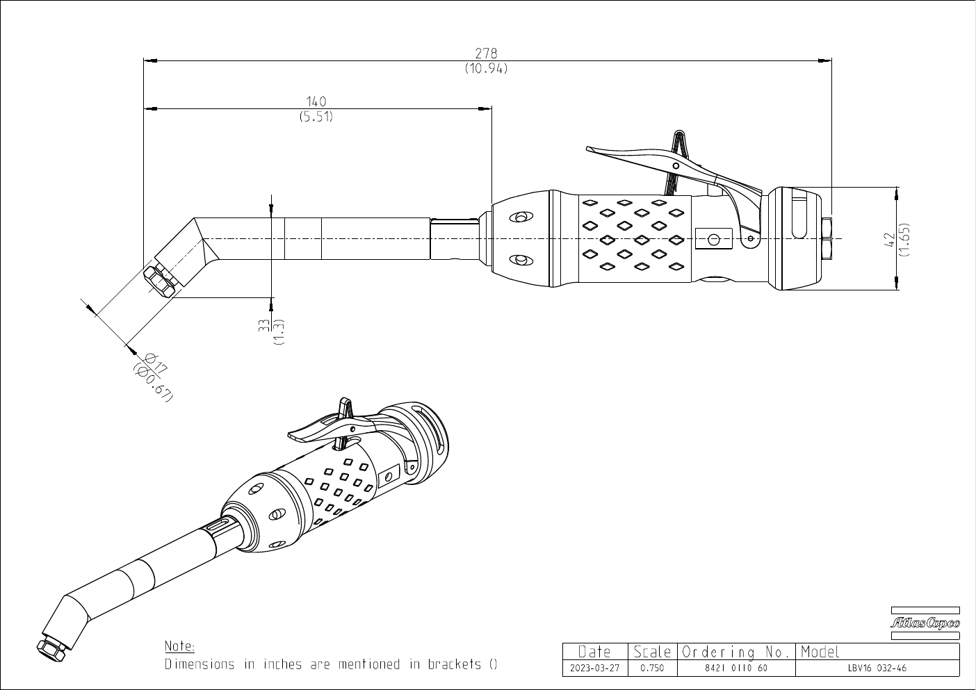 Atlas Copco LBV 45° Pneumatic Angle Drill – product detail view