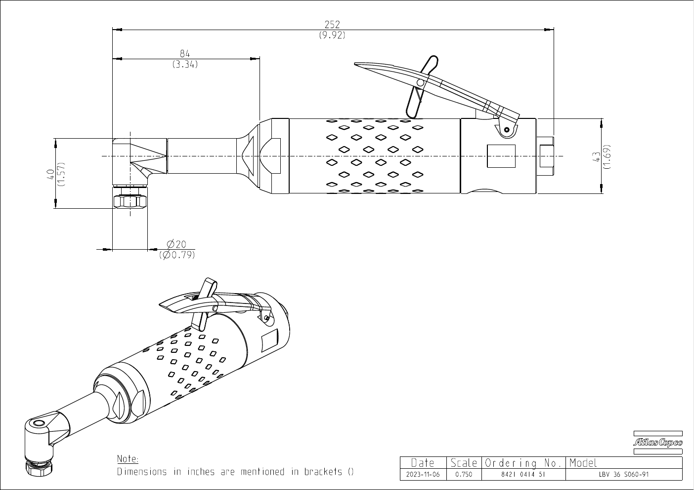 Atlas Copco LBV 90° Pneumatic Angle Drill – product detail view