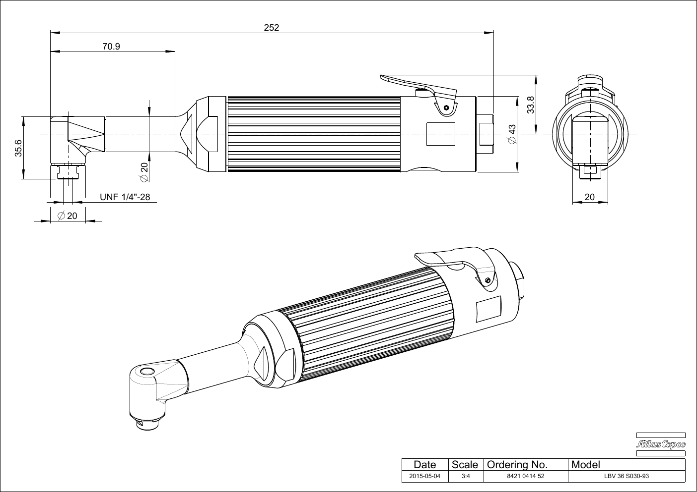 Atlas Copco LBV 90° Pneumatic Angle Drill – product detail view
