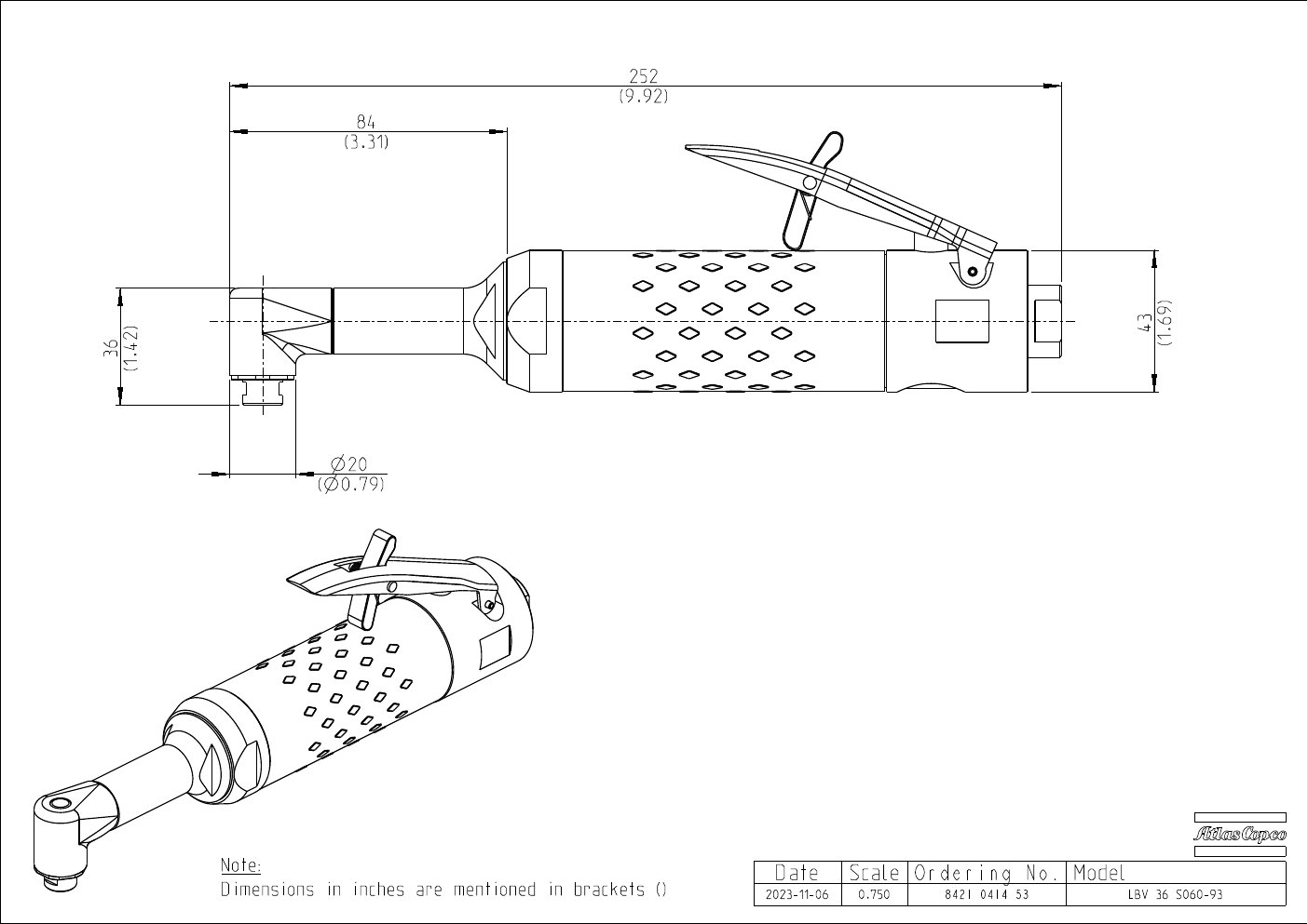 Atlas Copco LBV 90° Pneumatic Angle Drill – product detail view