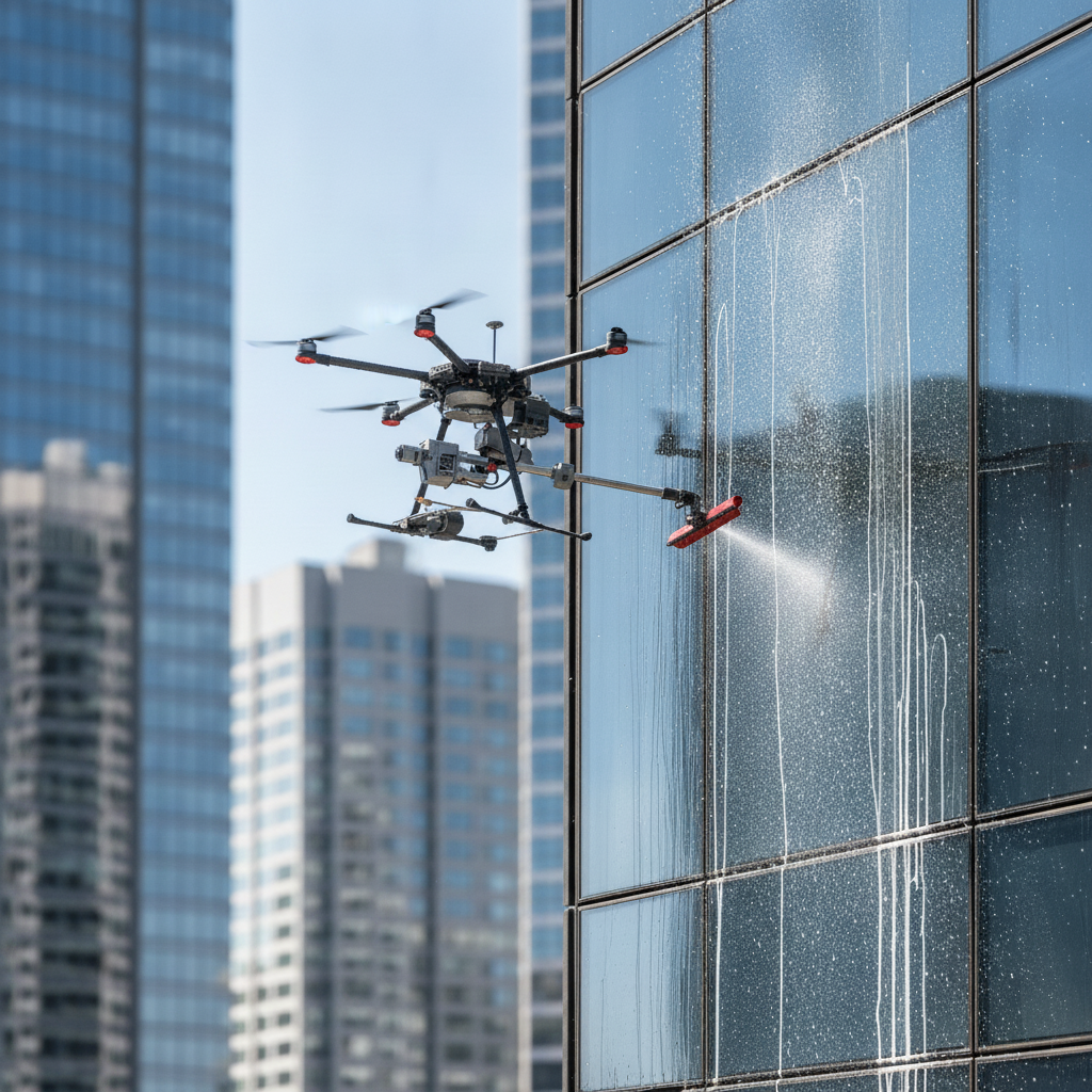 Drone with a cleaning system beside a building facade