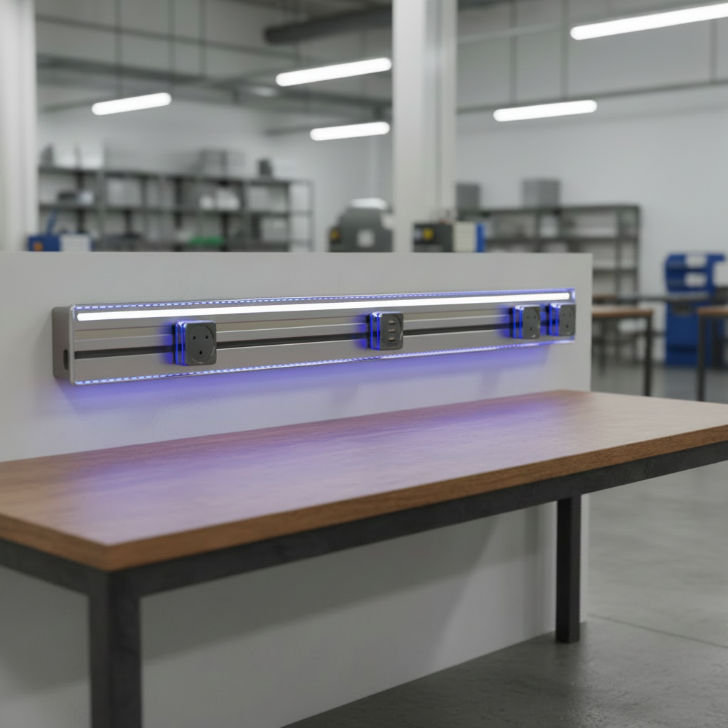 Illuminated electrical prototype on a laboratory wall
